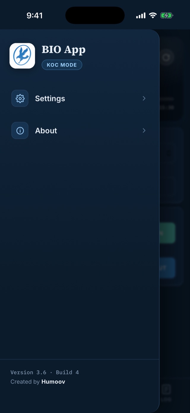 BIO App side menu with Settings and About